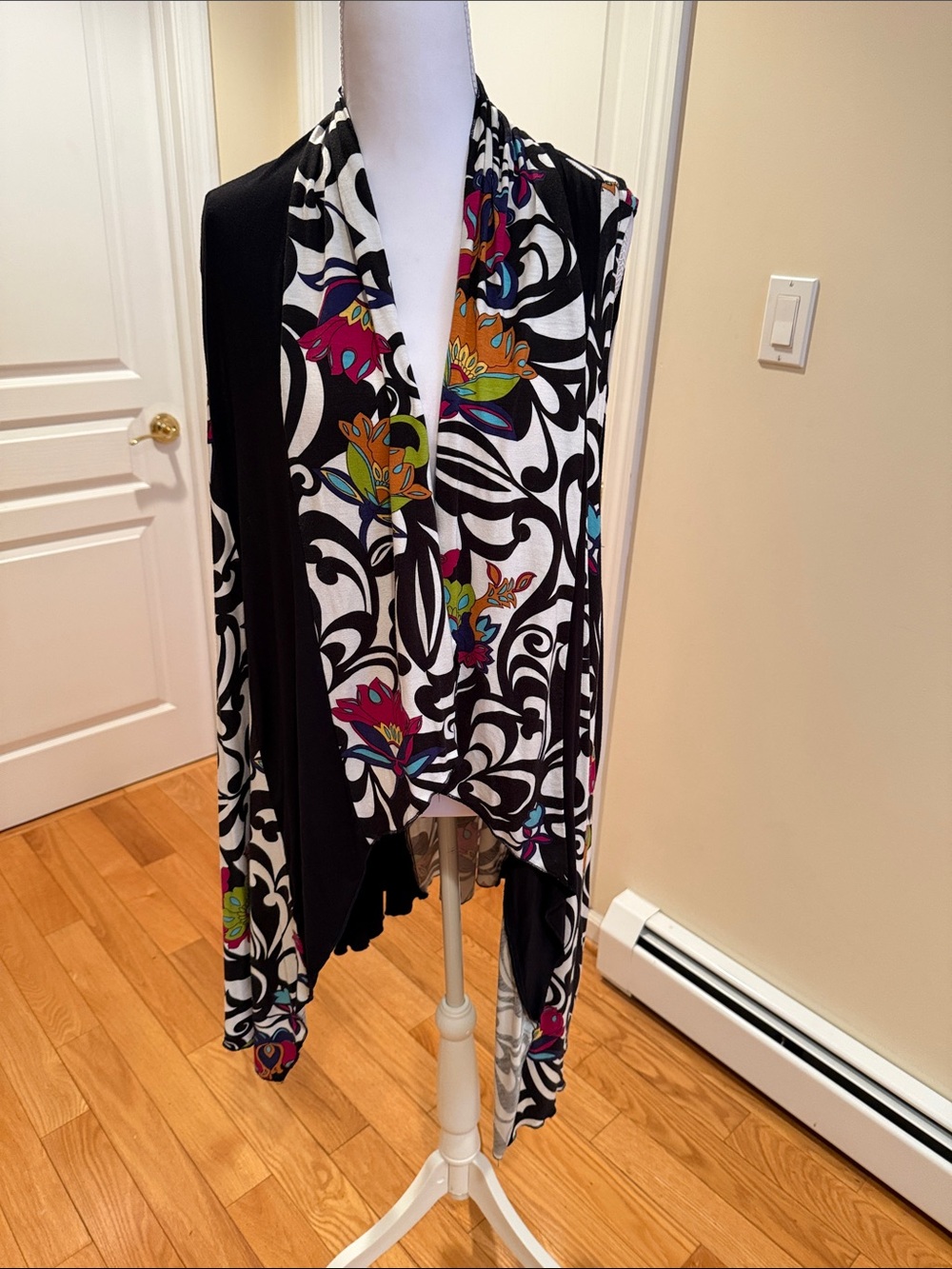 Black & White Floral Draped Cardigan with Multicolor Accents